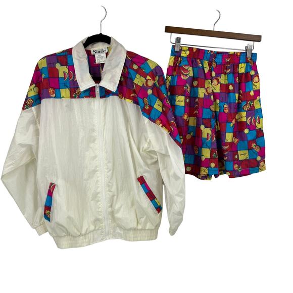 Vtg Slades Windbreaker Shorts Jacket Outfit Neon & White 100% Nylon Women Small - Picture 1 of 9